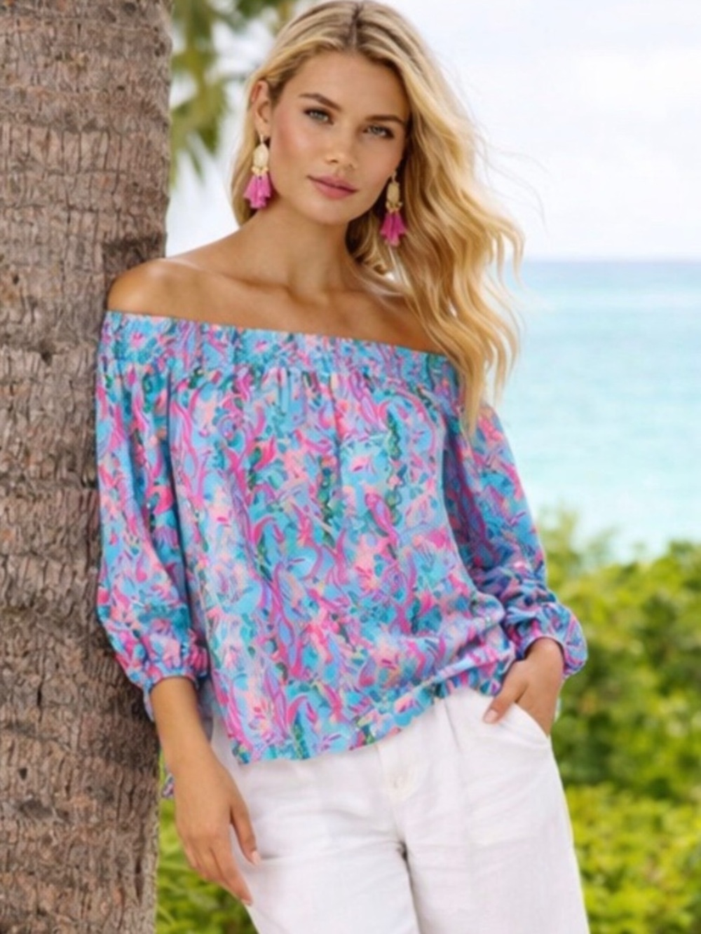 BOGO! Lilly Pulitzer Maryellen Off the Shoulder Blouse Starfish Blue XS